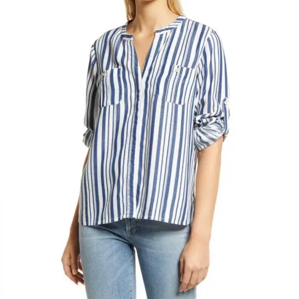 Tommy Bahama Blue White Striped Roll Tab Sleeve Shirt Women XS Casual Top